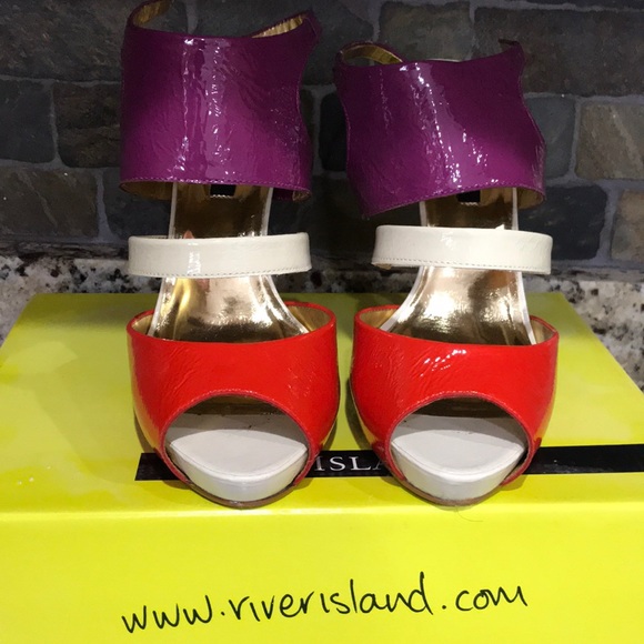 River Island heeled sandals red cream and purple - Picture 4 of 8